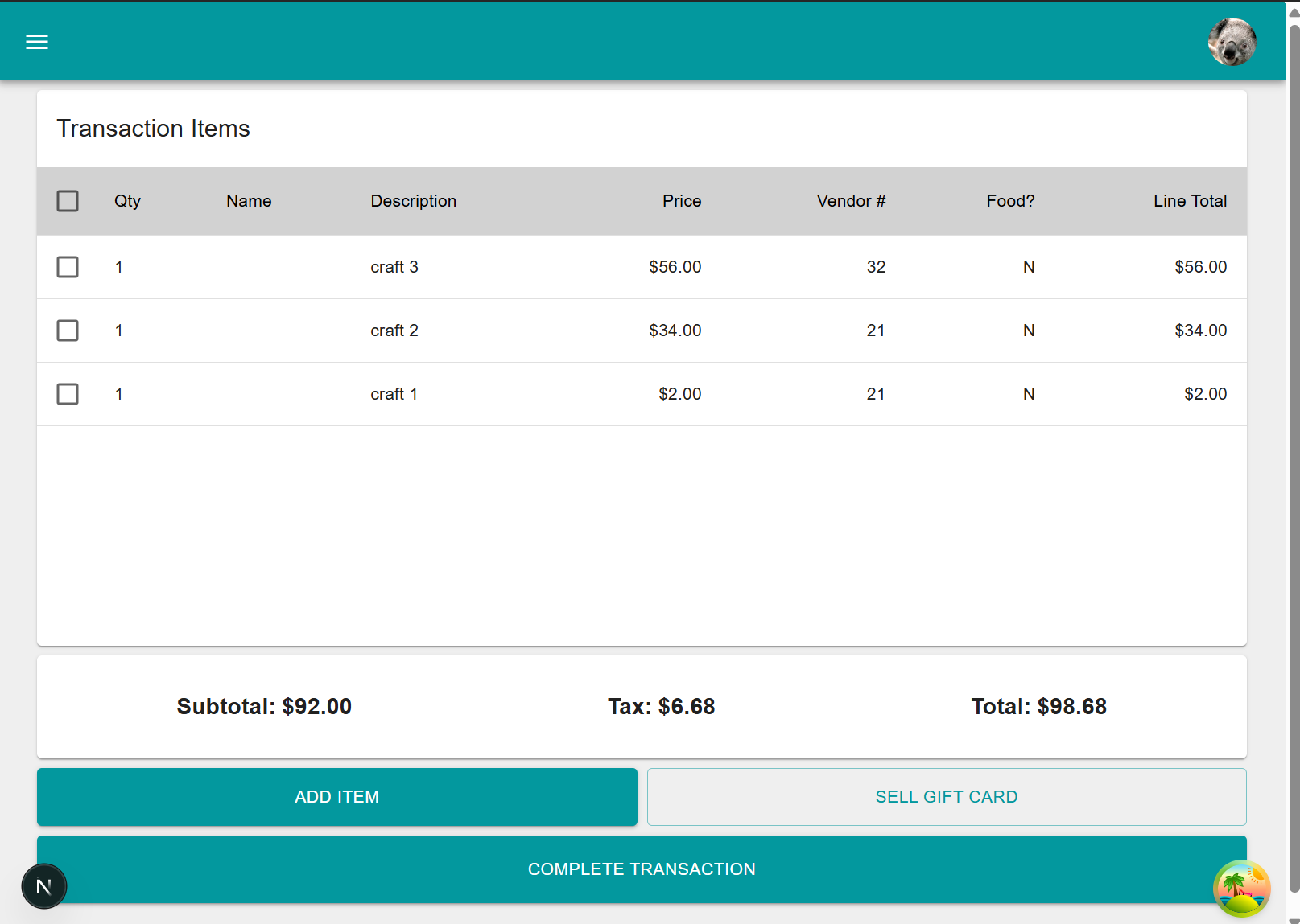 The Simplicity register: a transaction items table with quantity, description, price, vendor number and line total, above subtotal, tax and total, with Add Item, Sell Gift Card and Complete Transaction buttons.