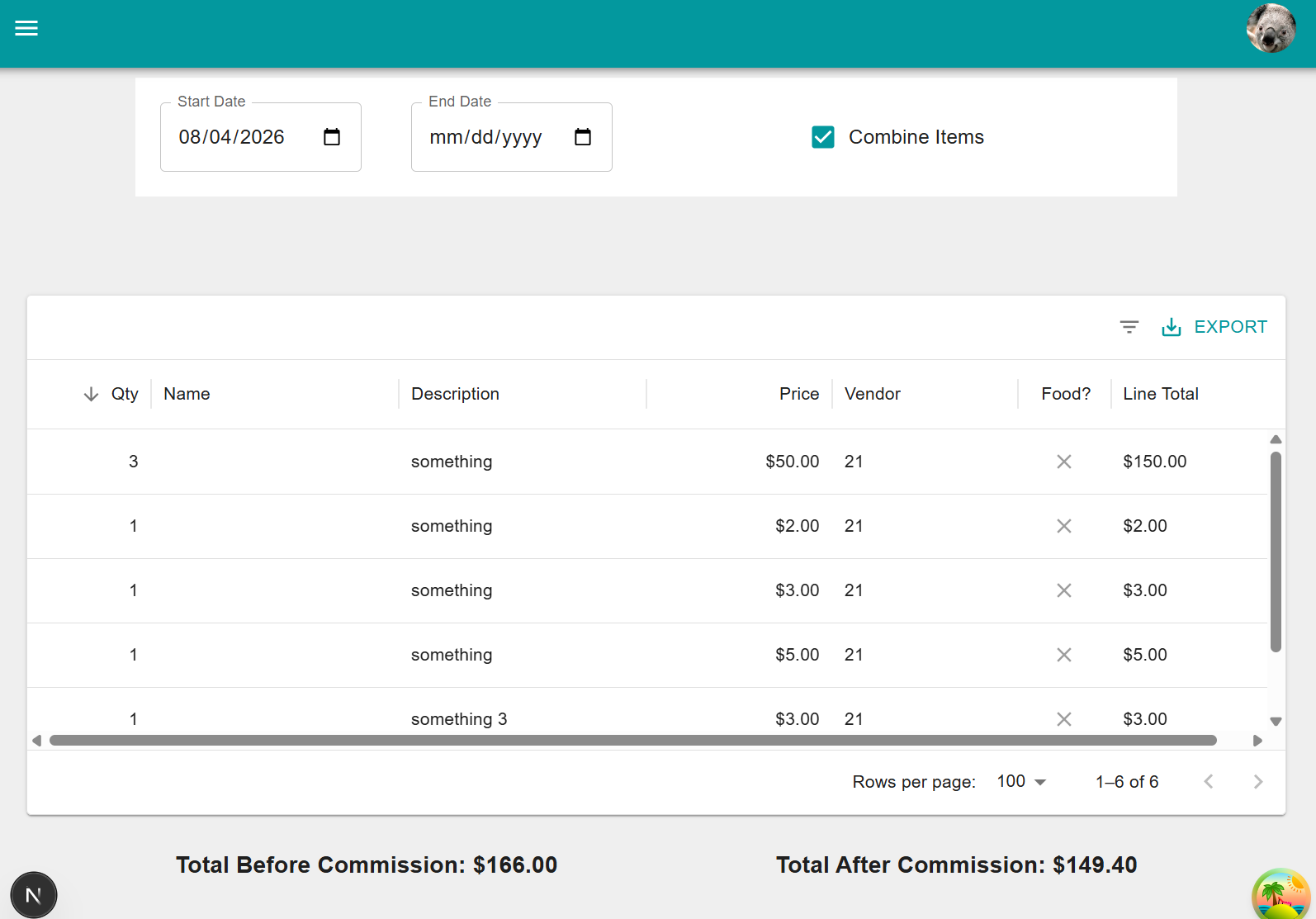 A vendor's own sales view: date range filters, a Combine Items toggle, an export control, a table of their line items, and totals before and after commission.